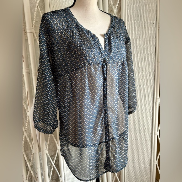 Zara TRF Blouse Pleat Front Dark Blue Yellow Polka Dot Sheer Airy size Large - Picture 3 of 16